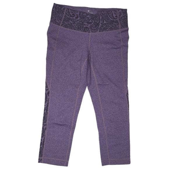 Athleta crop yoga legging purple with black filigree pattern panel small - Picture 1 of 9